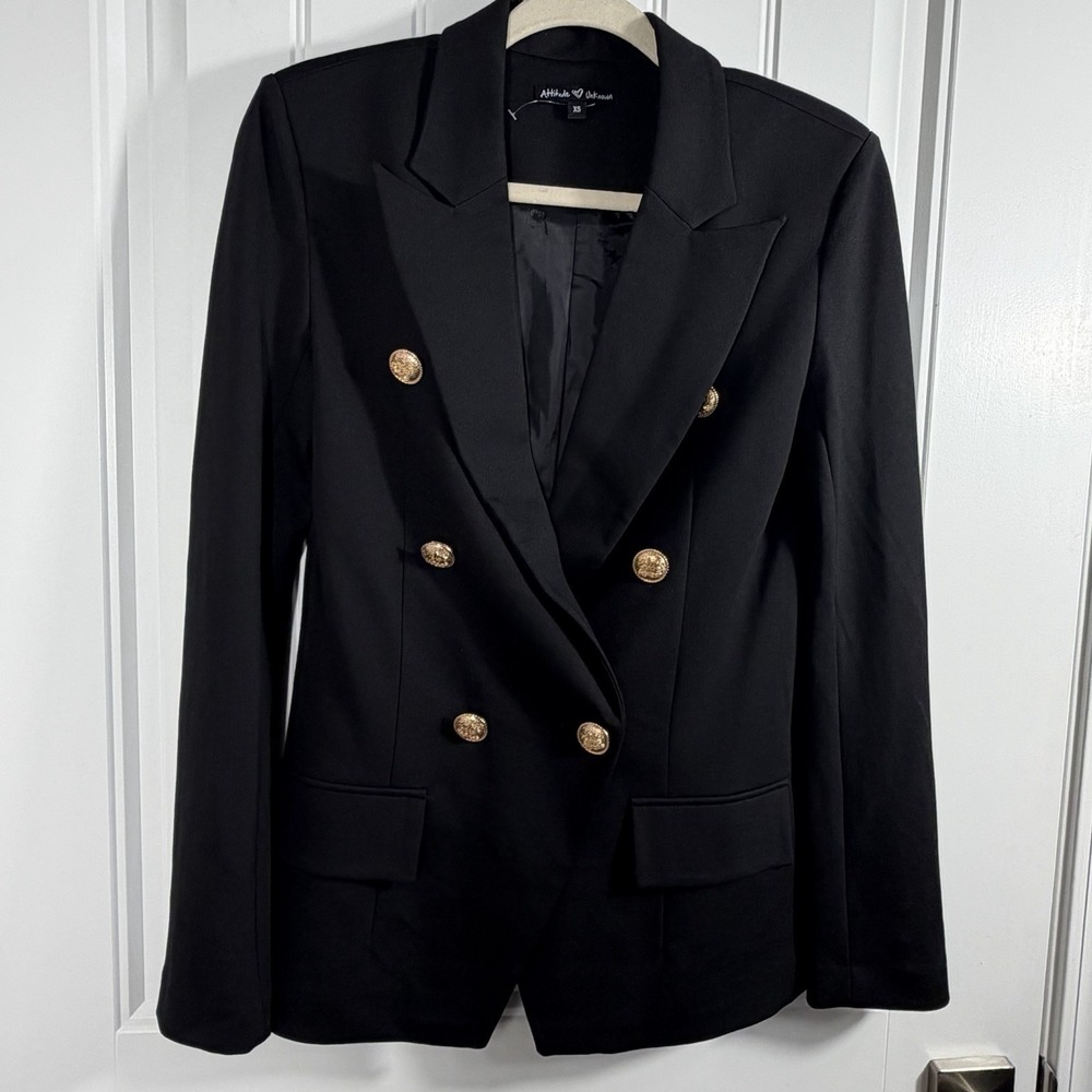 Attitude Unknown Black Double Breasted Blazer Gold Button Tailored Jacket XS